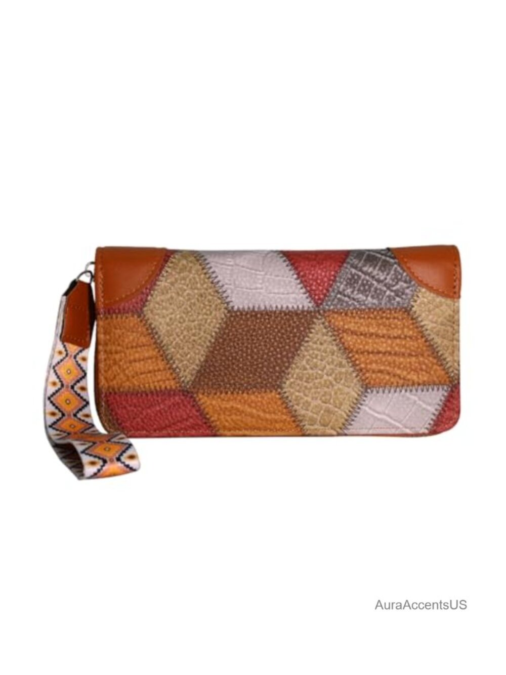 Geometric Spliced Leather Zip Around Wristlet Wallet Card Holder